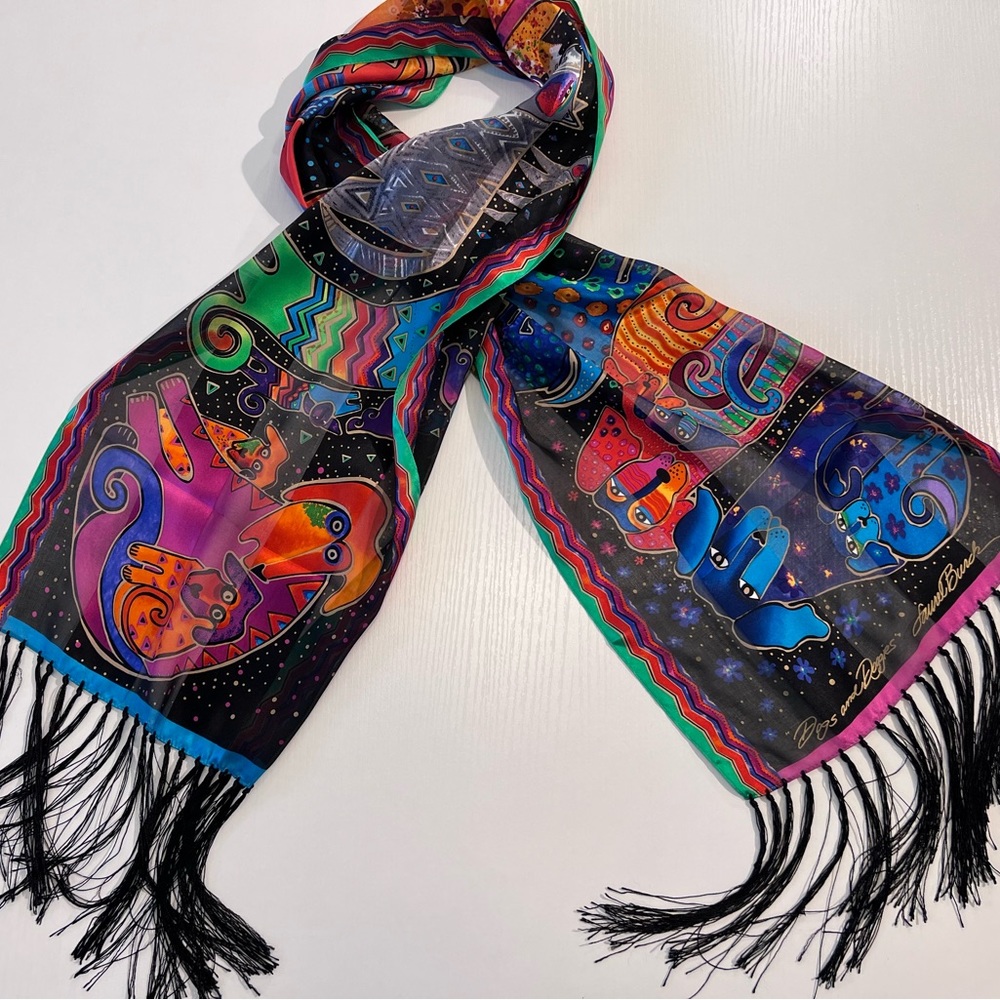 Lauren Burch Scarf with fringe “Dogs & Doggies” design, 11”X54”